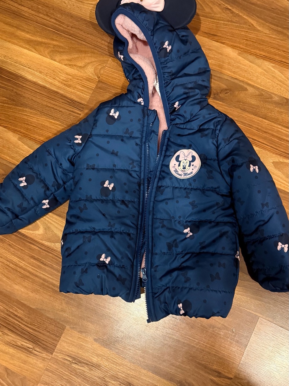 Navy Minnie Mouse Puffer Jacket with Pink Trim